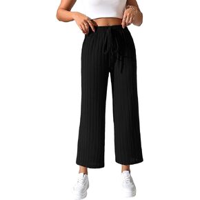 Floerns Women's Drawstring High Waist Ribbed Knit Loose Fit Solid Wide Leg Pants