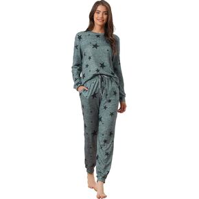cheibear Womens Long Sleeve Pajama Sets Star Printed Kint Sweatshirt 2 Piece Sleepwear