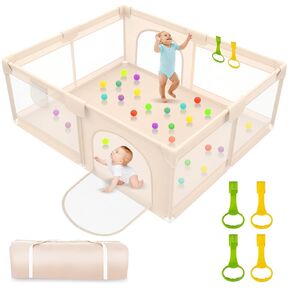 Playpen with Mat 71x59inch - Extra Large Baby Playpen for Babies and Toddlers - Indoor and Outdoor Baby Playpen with Soft Breathable Mesh Cover - Sturdy Foam Baby Gate Playpen (Apricot)