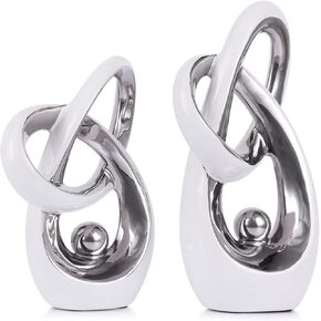 White and Silver Decor Desk Sculpture Home Decor Large, Abstract Modern Art Silver Knot Knick Knacks for Shelves, Coffee Table Dining Table, Mantle Cabinet TV Stand Christmas Centerpiece