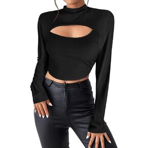 Avanova Women Cut Out Super Crop Top Long Sleeve Crewneck Cropped Sweatshirt