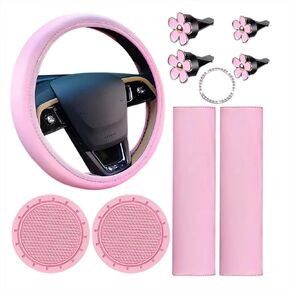 Leather Steering Wheel Cover Set, 10 Pcs Universal Leather Steering Wheel Wrap Cute WomenCar Accessories Set with Seat Belt Shoulder Pads Cup Holders Fit for Most Cars