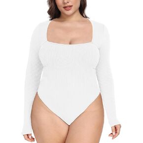 FOREYOND Plus Size Square Neck Bodysuits for Women Long Sleeves Sexy Basic Tops Casual Slim Fit Shirts Leotards