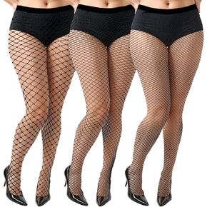 3 Pairs Plus Size Fishnet Stockings for Women, Stretchy Fishnet Tights High Waist Fish Nets Black Leggings Gothic Clothes for Women, One Size