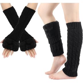 Chiclinco Crochet Leg Warmer Fleece Lined and Fur Arm Warmer Fingerless Gloves Set for Cold Weather Boot Socks Ice Skating