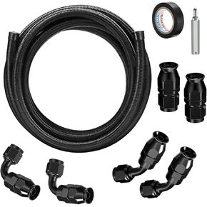 8AN 10FT Fuel Line Hose Kit, E85 Nylon Stainless Steel Braided Fuel Line Oil/Gas/Fuel Hose End Fitting Hose with 8PCS Swivel Fuel Hose Fitting Adapter Kit - Black(8PCS Kit)