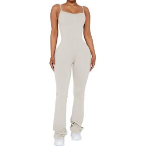 ROYLAMP Women's Activewear Seamless Flare Ribbed One Piece Tank Tops Rompers Spaghetti Strap Yoga Jumpsuits