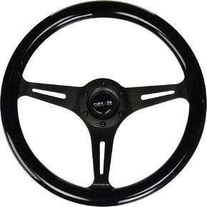 NRG Innovations NRG-ST-015BK-BK Steering Wheel - 350mm - 25mm Deep Configuration, Classic Wood Grain Wheel 3 Black Spokes- Black Paint Grip with Black Center