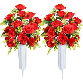 XONOR Artificial Cemetery Flowers with Vase, Set of 2 Artificial Rose Bouquet Graveyard Memorial Flowers for Cemetery Headstones Decoration (Yellow-2Pcs)
