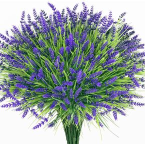 Artificial Flowers for Outdoors, 24 Bundles Lavender Fake Flowers Plants UV Resistant Plastic Purple Faux Flowers with Monkey Grass for Wedding Home Porch Garden Indoor Outdoor Decor
