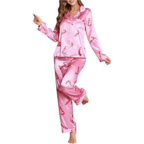 SweatyRocks Women's Candy Cane Lounge Sets Graphic Button Down Long Sleeve Top and Pants Set Satin Silk Pajama Set