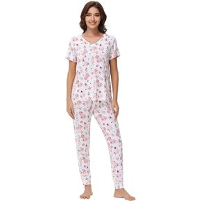 Pajamas for Women Short Sleeve Top Jogger Pants Sleepwear Viscose from Bamboo Nightwear Soft Pjs S-XXL