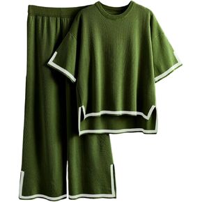 Yimoon Women's Knit 2 Piece Lounge Set Casual Short Sleeve Pullover Tops and Wide Leg Pants Sets