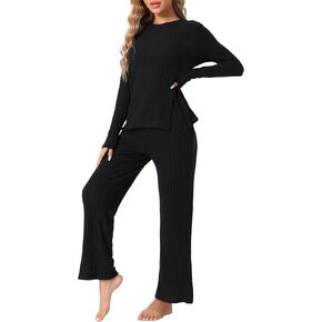 cheibear Womens Knit Loungewear Long Sleeve Ribbed Sleepwear Soft Crewneck 2 Piece Pjs Sets Outfits with Pocket