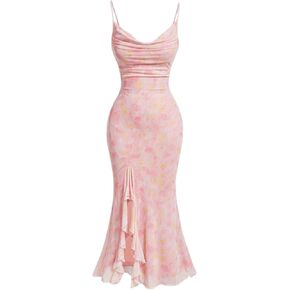 WDIRARA Women's Floral Print Cowl Neck Ruffle Hem Split Thigh Bodycon Maxi Dress Party Sleeveless Cami Dress