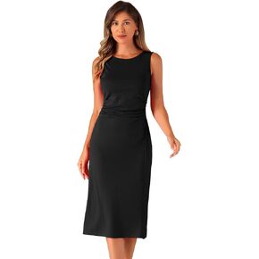 Allegra K Tank Dress for Women's Crew Neck Ruched Casual A-line Midi Sleeveless Dresses