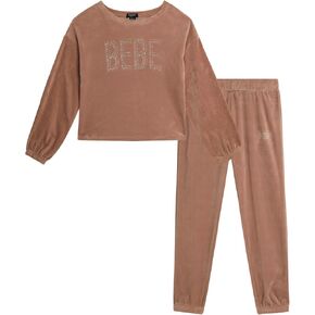 bebe Girls Jogger Set - 2 Piece Bling Velour Crewneck Long Sleeve Shirt and Jogger Pants - Girls Athletic Clothing Set (7-12)