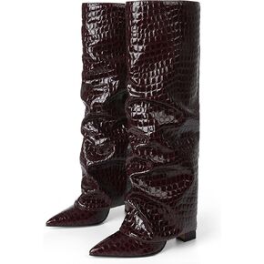 Synchoiss Womens Knee High Boots Wide Calf Chunky High Heel Boots Fashion Fold Over Leather Boots Pointed Toe Rubber Sole Winter Fall Boots Tall Boots for Women Pull on Trendy