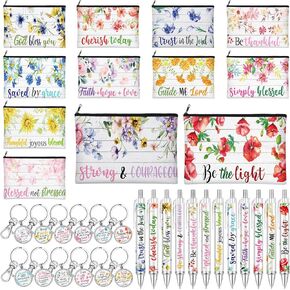 36 Pcs Christian Gifts Set Floral Bible Verse Christian Flower Makeup Bags Religious Inspirational Quotes Keychains Prayer Pens Gifts for Church Christian Charity Donation Supplies