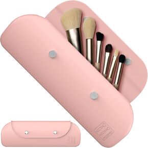 Travel Makeup Brush Holder，Silicone Makeup Brush Holder ，Portable Cosmetic Organiser with Two Upgraded Anti-fall Off Magnetic Clips ， foldable, large capacity -Coffee