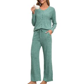 Women's Pajama Set Long Sleeve Knitted Sleepwear Button Down Top And Pants Lounge Set S-3XL