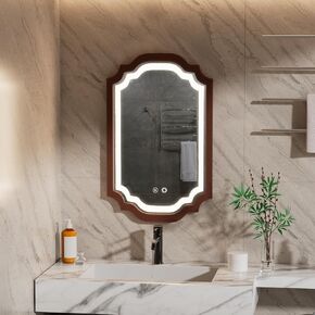 مرآة حمام LED بإطار خشبي مقاس 91.44 سم × 60.96 سم مع أضواء، مرآة LED عتيقة للحمام، مرآة حمام مضاءة غير منتظمة مضادة للضباب، ذاكرة قابلة للتعديل، 3 ألوان، إطار خشبي من خشب الجوز