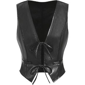 MakeMeChic Women's PU Leather V Neck Tie Front Sleeveless Y2K Vest Tops Waistcoat Jacket