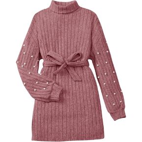SHENHE Girl's Turtleneck Pearl Beaded Ribbed Sweater Dress Long Sleeve Belted Knit Dress