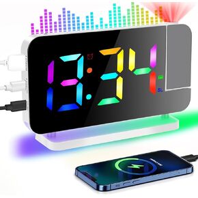Digital Projection Alarm Clocks for Bedrooms,LED Mirror Digital Alarm Clocks with 180° Rotatable Projector, RGB Night Light,USB Charger Port, Auto Dimmer, Snooze function,FM radio function (White)