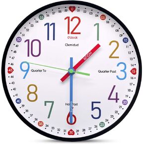 Learning Clock for Kids,10'' Silent Non-Ticking Teaching to Tell Time Colorful Wall Clocks for Children's Room Bedroom Classroom Home Decor, Gifts for Christmas Birthday (White)