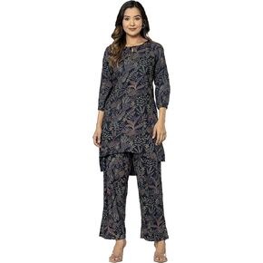 miss fame Women's Cotton Printed Co-ord Set of Kurta and Pants - (Navy Blue)