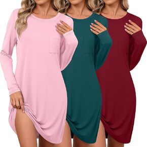 Neer 3 Pack Women's Long Sleeve Night Dress, Soft Comfy Nightgowns with Chest Pocket Sleep Dresses T Shirts Basic Nightshirts
