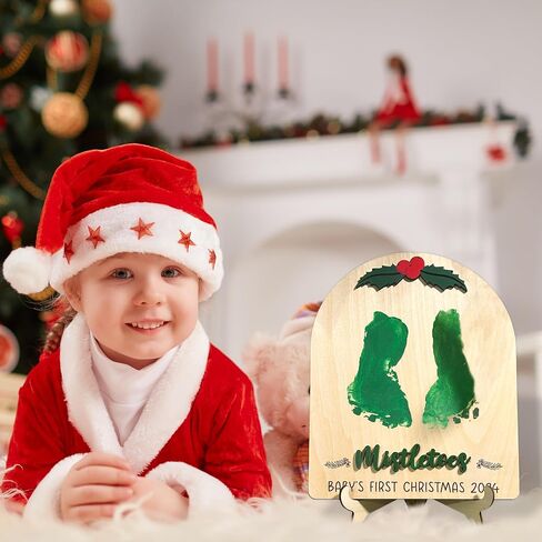 Baby's First Christmas DIY Footprint Sign, Baby's First Christmas Handprint Sign, Wooden Stand Included, Baby First Holiday Milestone Signs, Baby Christmas Craft, Christmas Keepsake For New Baby in Saudi Arabia