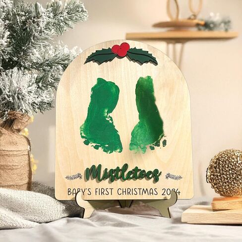 Baby's First Christmas DIY Footprint Sign, Baby's First Christmas Handprint Sign, Wooden Stand Included, Baby First Holiday Milestone Signs, Baby Christmas Craft, Christmas Keepsake For New Baby in Saudi Arabia
