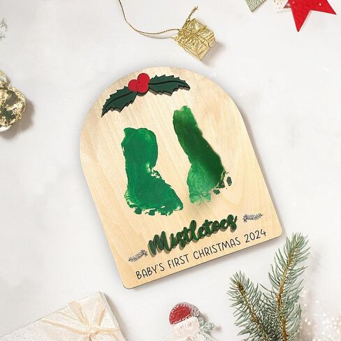 Baby's First Christmas DIY Footprint Sign, Baby's First Christmas Handprint Sign, Wooden Stand Included, Baby First Holiday Milestone Signs, Baby Christmas Craft, Christmas Keepsake For New Baby in Saudi Arabia