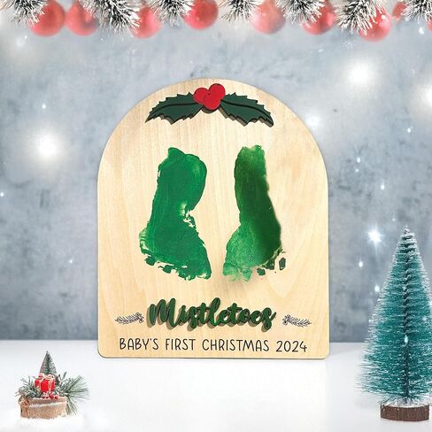 Baby's First Christmas DIY Footprint Sign, Baby's First Christmas Handprint Sign, Wooden Stand Included, Baby First Holiday Milestone Signs, Baby Christmas Craft, Christmas Keepsake For New Baby in Saudi Arabia