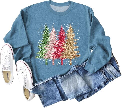 QYZ-Top Womens Merry Christmas Sweatshirt Funny Christmas Tree Graphic Pullover Casual Blouse Tops in Saudi Arabia