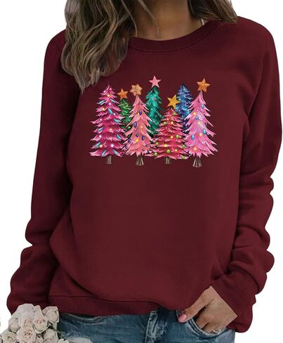 QYZ-Top Womens Merry Christmas Sweatshirt Funny Christmas Tree Graphic Pullover Casual Blouse Tops in Saudi Arabia