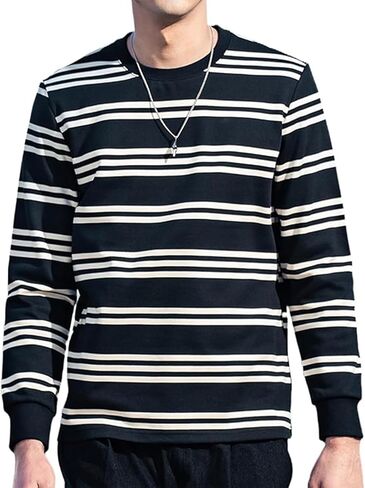Autumn New Heavyweight Striped Long Sleeved T-Shirt for Men, Retro Contrasting Loose T-Shirt in Saudi Arabia