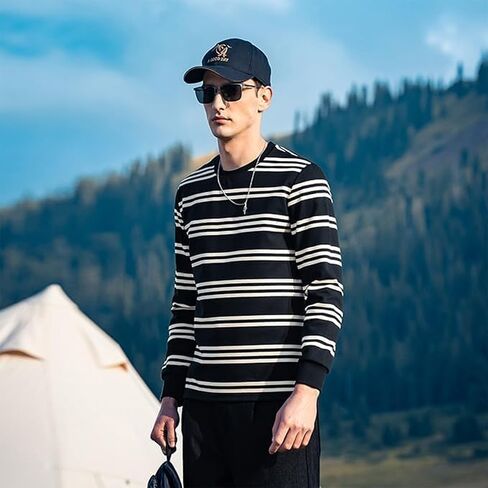 Autumn New Heavyweight Striped Long Sleeved T-Shirt for Men, Retro Contrasting Loose T-Shirt in Saudi Arabia