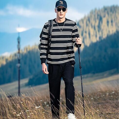 Autumn New Heavyweight Striped Long Sleeved T-Shirt for Men, Retro Contrasting Loose T-Shirt in Saudi Arabia