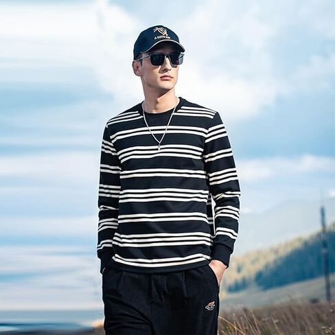 Autumn New Heavyweight Striped Long Sleeved T-Shirt for Men, Retro Contrasting Loose T-Shirt in Saudi Arabia