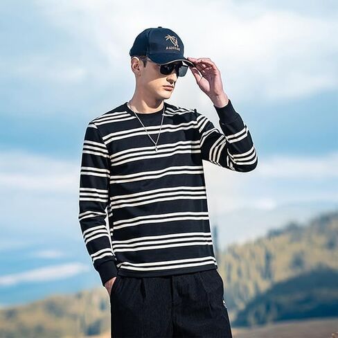 Autumn New Heavyweight Striped Long Sleeved T-Shirt for Men, Retro Contrasting Loose T-Shirt in Saudi Arabia