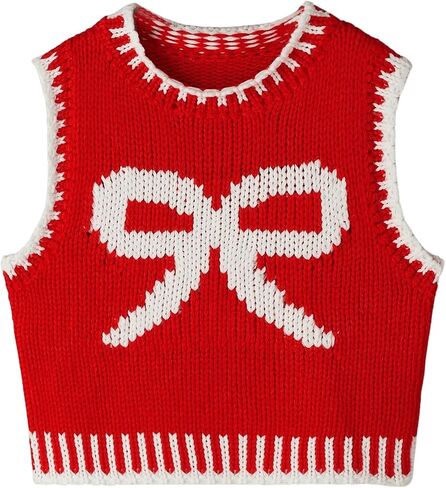 MakeMeChic Women's Bow Knot Pattern Sweater Vest Crew Neck Sleeveless Crochet Knitted Crop Tops in Saudi Arabia