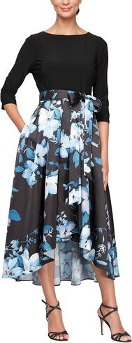 إس إل. فستان نسائي من Fashions بأكمام 3/4 منقوش عليه زهور عالي ومنخفض مع جيوب، ضيوف الزفاف، فستان الحفلات، (أحجام صغيرة وعادية) in Kuwait