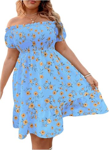 Floerns Women's Plus Size Ruffle Off Shoulder Floral Print Short Summer Dress in Saudi Arabia
