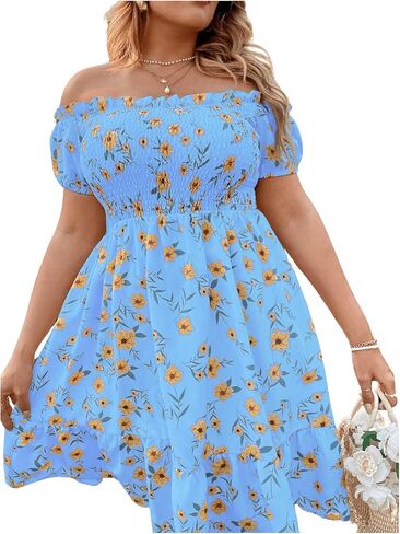 Floerns Women's Plus Size Ruffle Off Shoulder Floral Print Short Summer Dress in Saudi Arabia