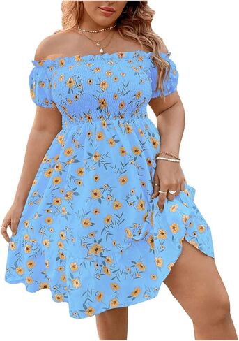 Floerns Women's Plus Size Ruffle Off Shoulder Floral Print Short Summer Dress in Saudi Arabia