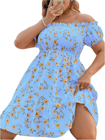 Floerns Women's Plus Size Ruffle Off Shoulder Floral Print Short Summer Dress in Saudi Arabia