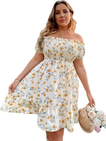 Floerns Women's Plus Size Ruffle Off Shoulder Floral Print Short Summer Dress in Saudi Arabia